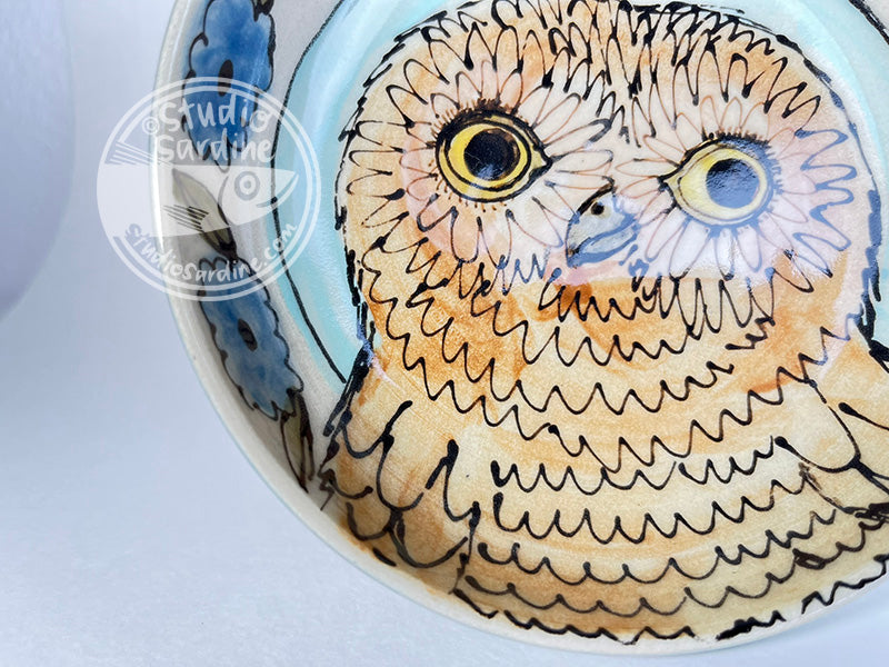 Hand-painted baby owl shallow stoneware bowl