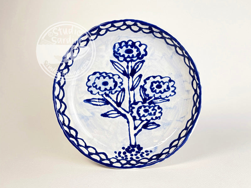Hand-painted blue and white vintage flowers shallow stoneware bowl
