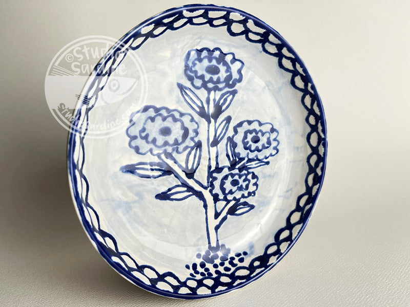 Hand-painted blue and white vintage flowers shallow stoneware bowl