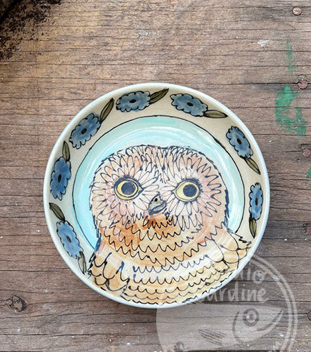 Hand-painted baby owl shallow stoneware bowl