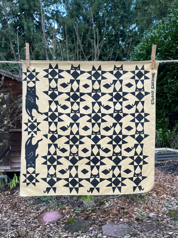 Quilty cat bandana screenprinted in black