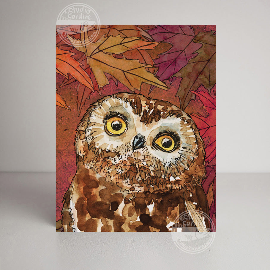 Cozy Owl A2 size (5.5" x 4.25") notecards, holiday card
