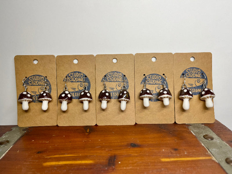 Tiny porcelain toadstool mushroom earrings dark brown