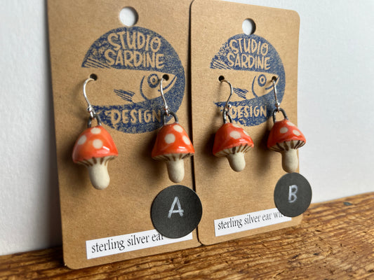 Tiny porcelain mushroom earrings, red cap