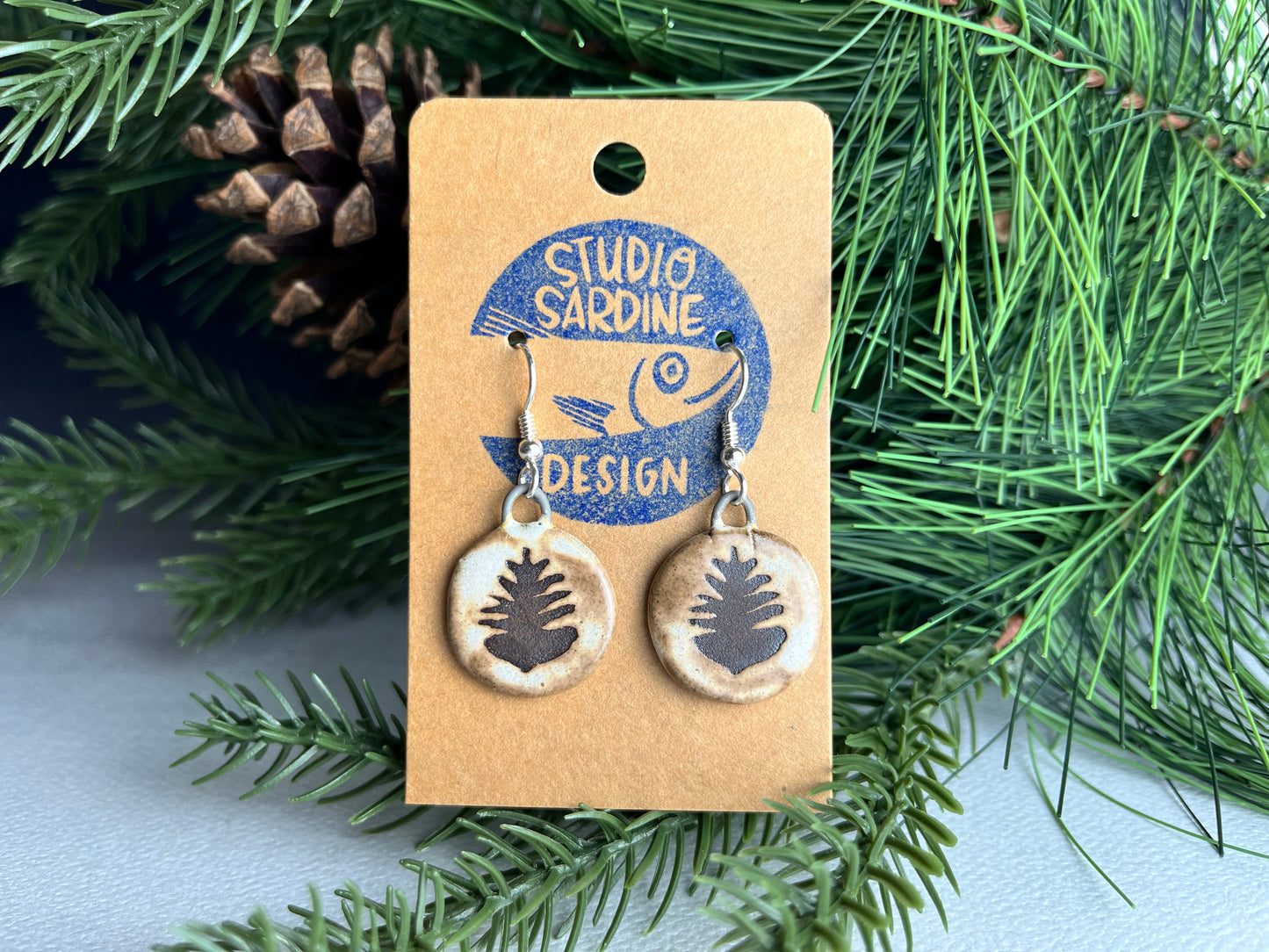 Cream and brown pinecone earrings