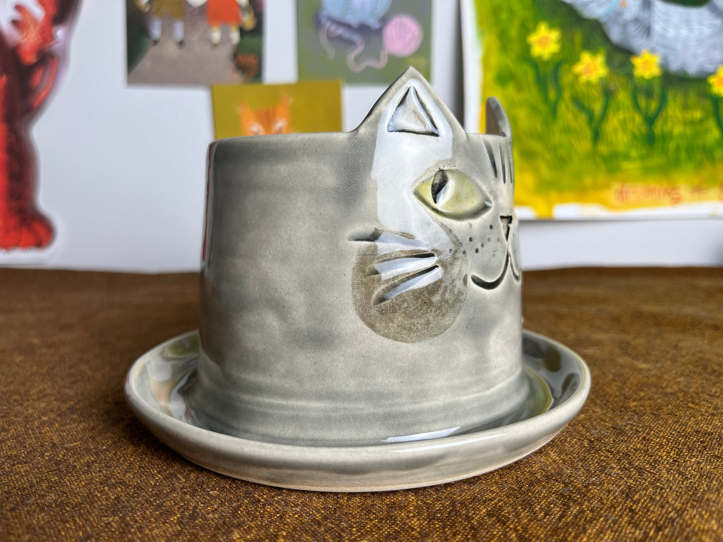 Grey tabby cat mini planter