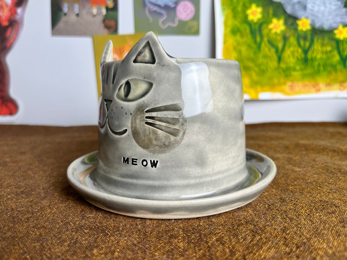 Grey tabby cat mini planter