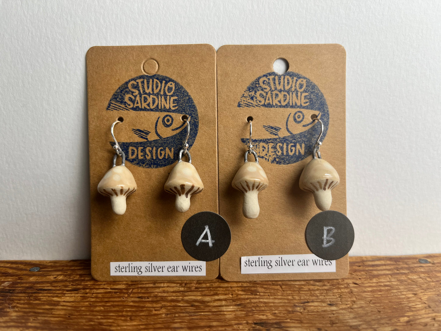 Tiny porcelain mushroom earrings, beige cap