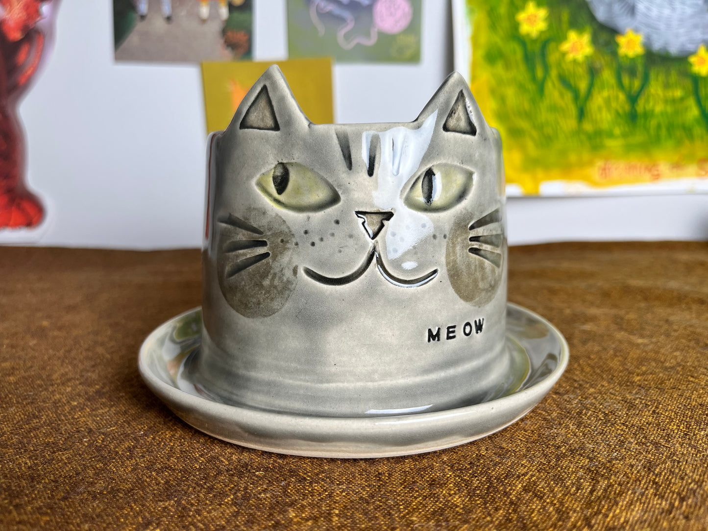 Grey tabby cat mini planter