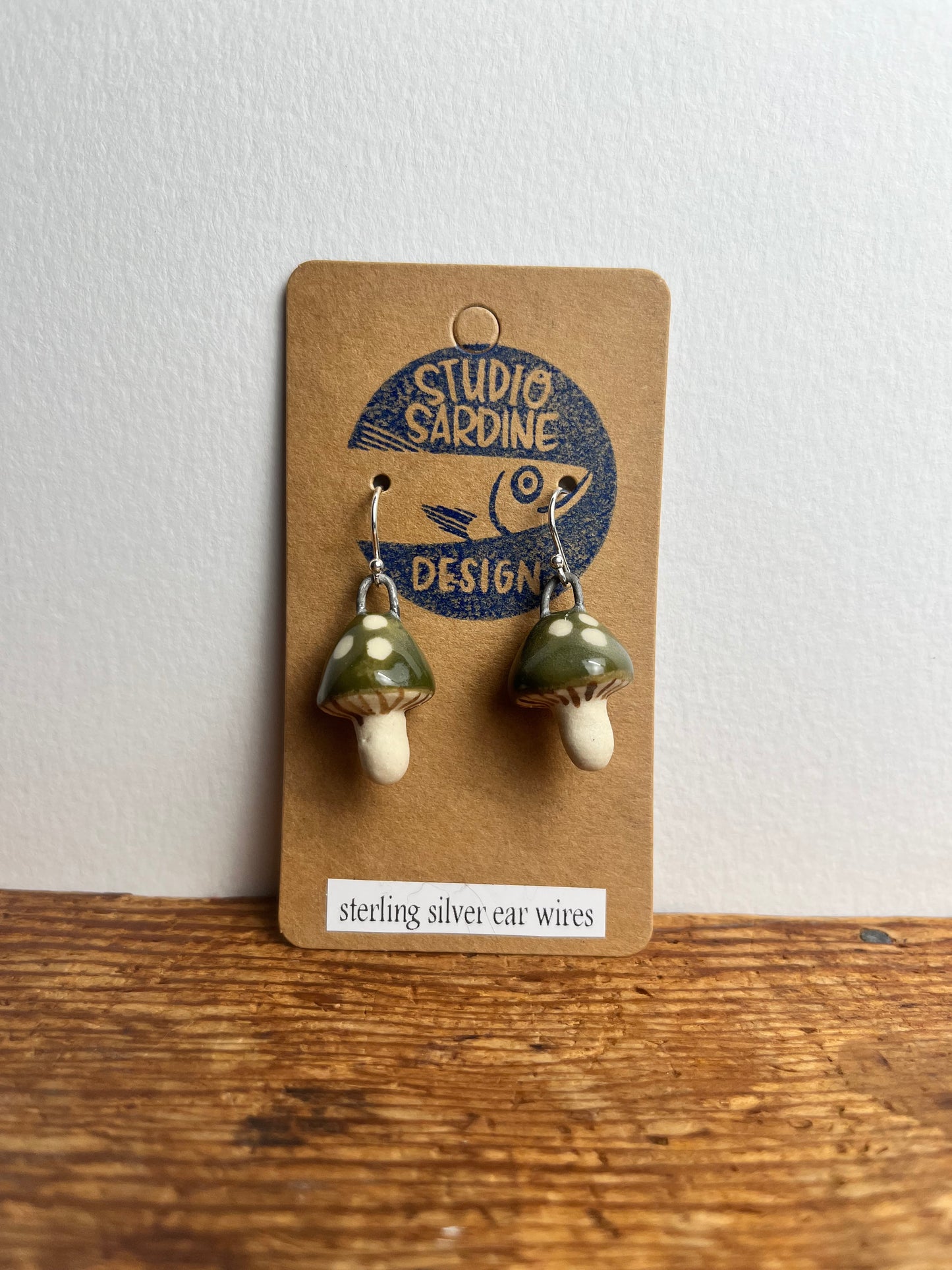 Tiny porcelain mushroom earrings, olive green