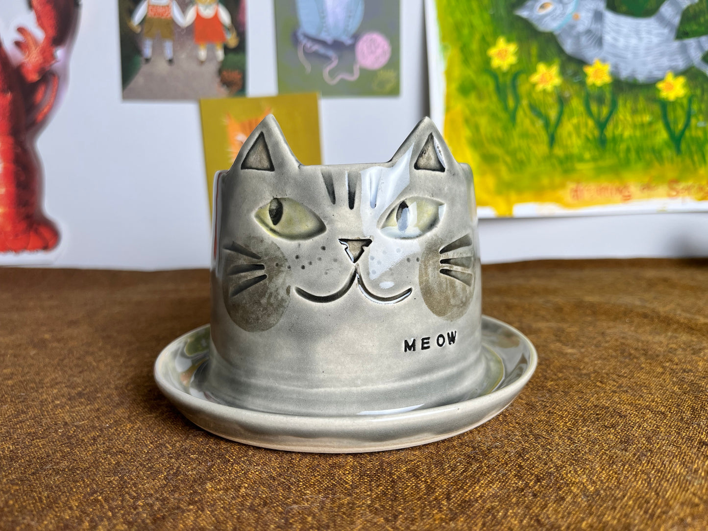 Grey tabby cat mini planter