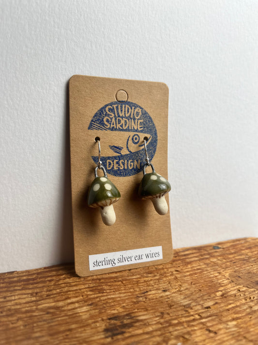 Tiny porcelain mushroom earrings, olive green