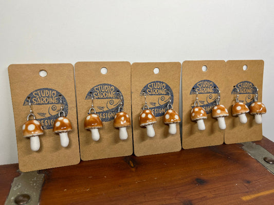 Studio Sardine Tiny porcelain toadstool mushroom earrings caramel brown