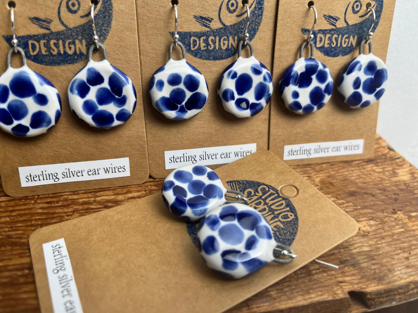 Blue and white polka dot porcelain drops