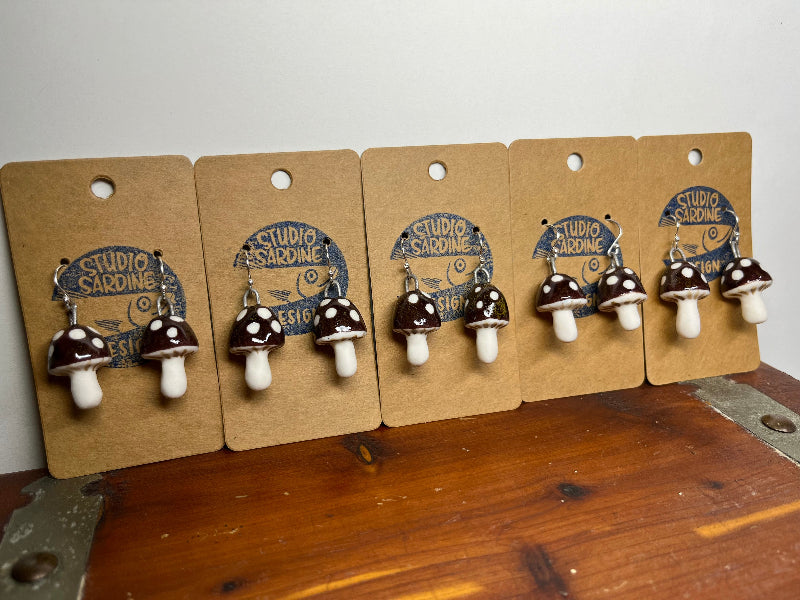 Tiny porcelain toadstool mushroom earrings dark brown