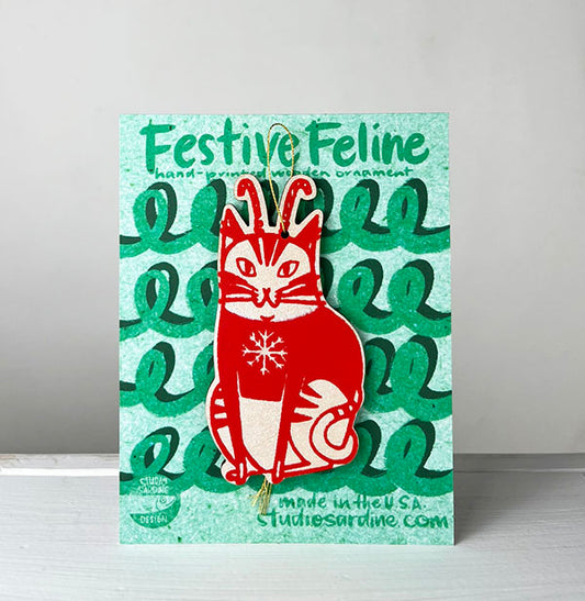 Printed Festive Felines wooden cut-out ornaments B