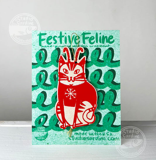 Studio Sardine Printed Festive Felines wooden cut-out ornaments B