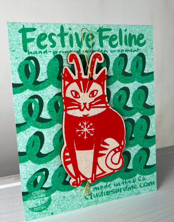 Printed Festive Felines wooden cut-out ornaments B