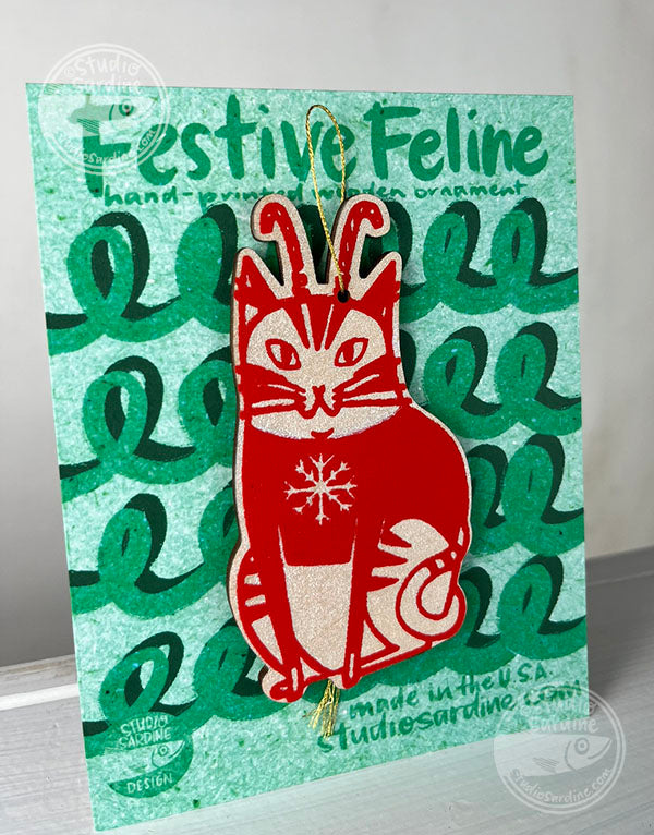 Studio Sardine Printed Festive Felines wooden cut-out ornaments B