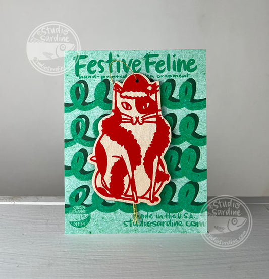 Studio Sardine Printed Festive Felines wooden cut-out ornaments A