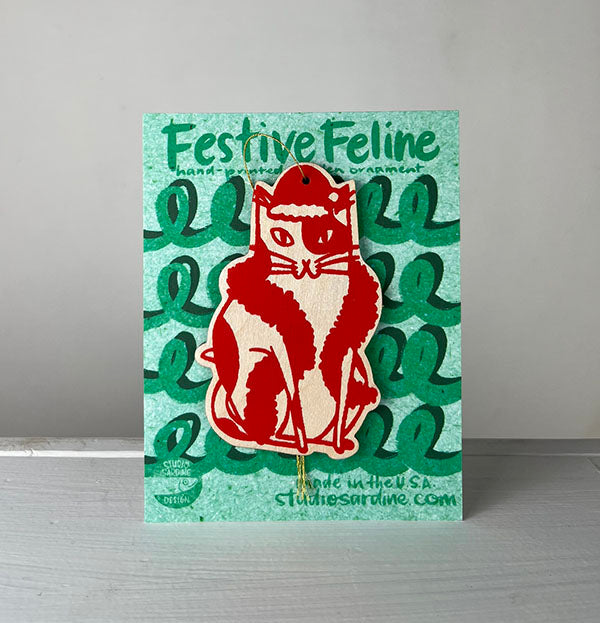 Printed Festive Felines wooden cut-out ornaments A