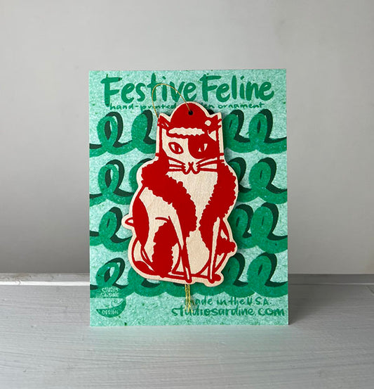 Printed Festive Felines wooden cut-out ornaments A
