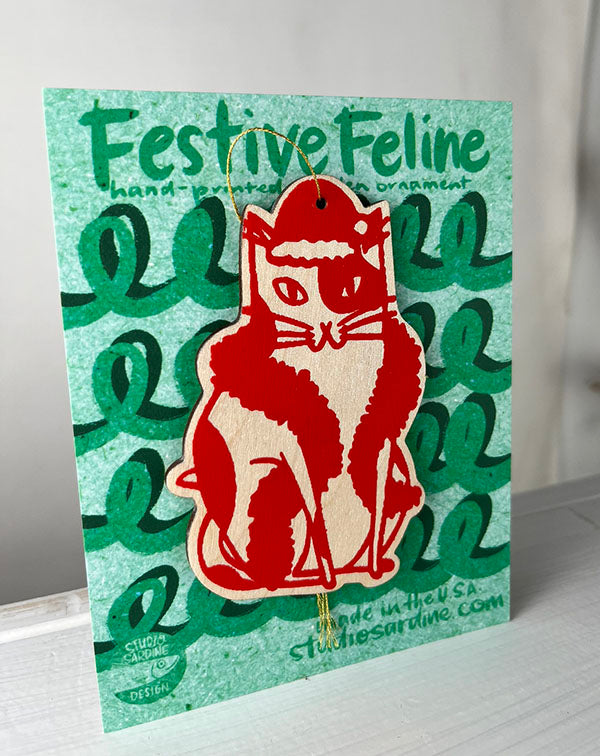 Printed Festive Felines wooden cut-out ornaments A