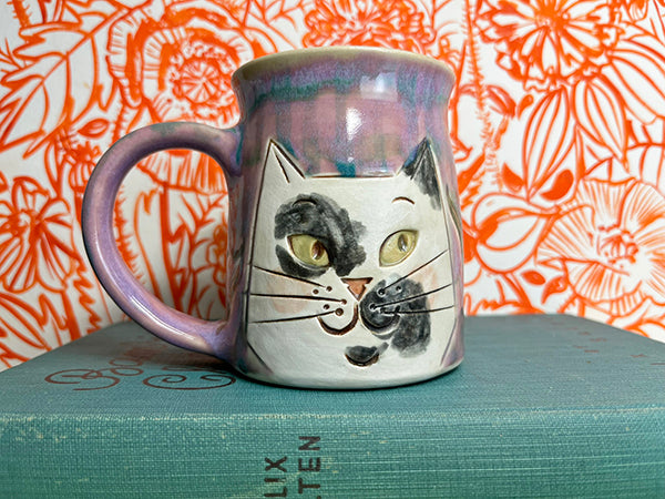 Garden Gazing Cats with Checkered Fritillaria Handmade Porcelain Mug