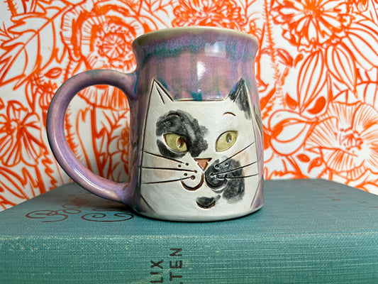 Garden Gazing Cats with Checkered Fritillaria Handmade Porcelain Mug