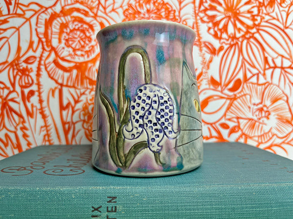 Garden Gazing Cats with Checkered Fritillaria Handmade Porcelain Mug