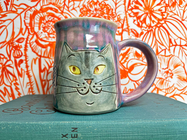 Garden Gazing Cats with Checkered Fritillaria Handmade Porcelain Mug