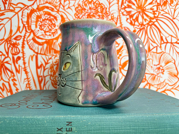 Garden Gazing Cats with Checkered Fritillaria Handmade Porcelain Mug