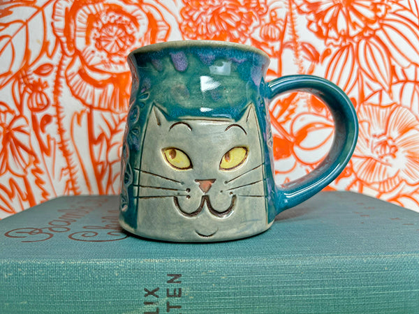 Side-eye kitties with stamped star Handmade Porcelain Mug