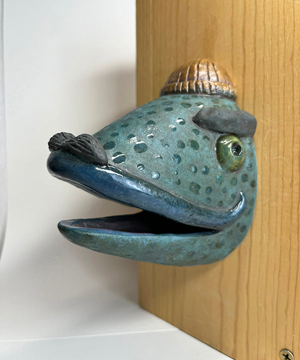 Julius fish-head wall-hanging with tan beanie, large