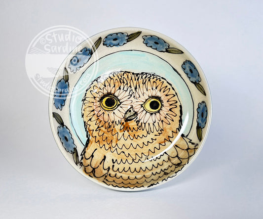 Hand-painted baby owl shallow stoneware bowl