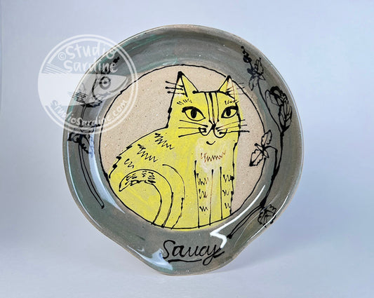 Hand-painted saucy cat with catnip stoneware spoon rest
