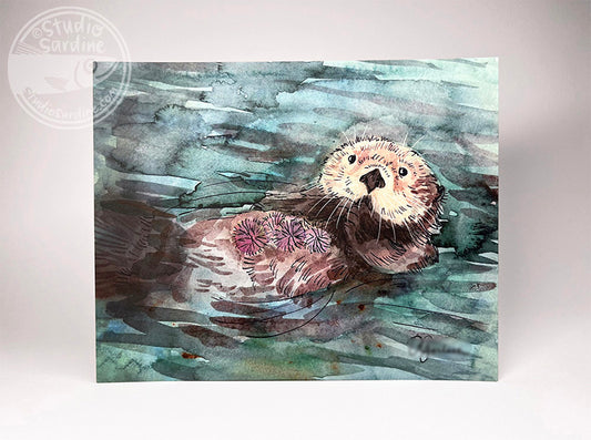 Snacking Otter 8" x 10" art print, coastal wall art