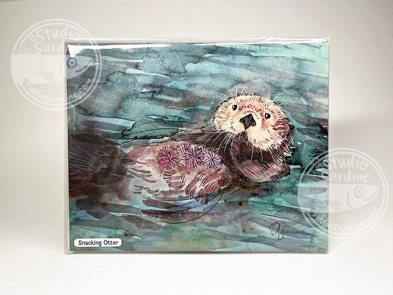 Snacking Otter 8" x 10" art print, coastal wall art