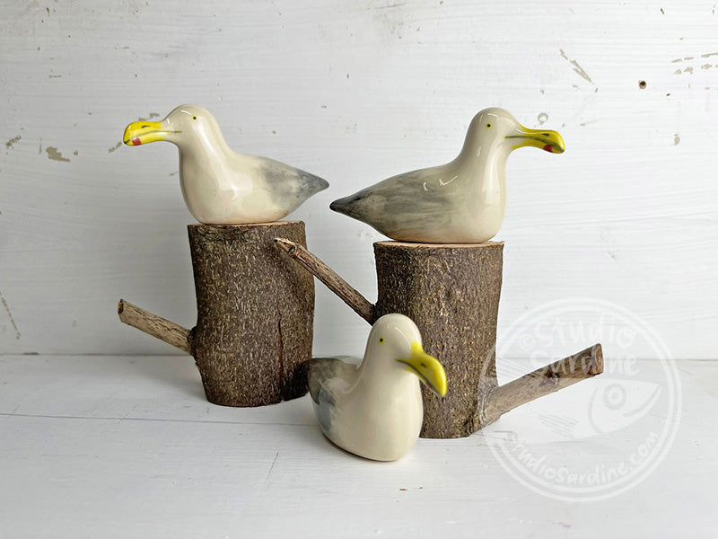 Hand-sculpted stoneware seagulls