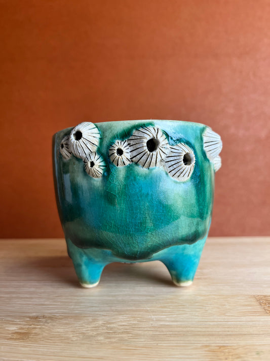 Mini Three-legged Stoneware Barnacle Planter, Green A