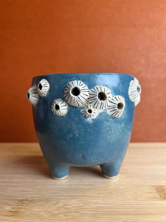 Mini Three-legged Stoneware Barnacle Planter, Mid Blue