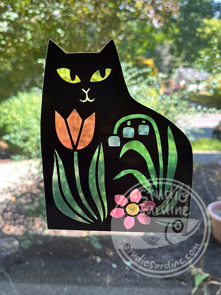 Garden Cat Cathedral Window Stained Glass Effect Sticker