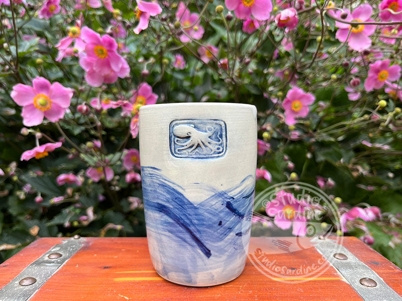 Cobalt Wash Stamped Porcelain Octopus Tumbler