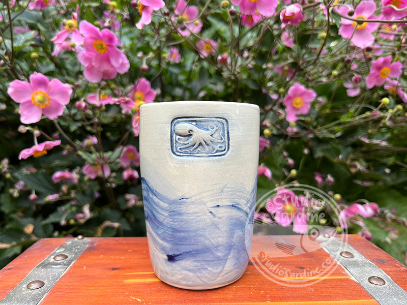 Cobalt Wash Stamped Porcelain Octopus Tumbler