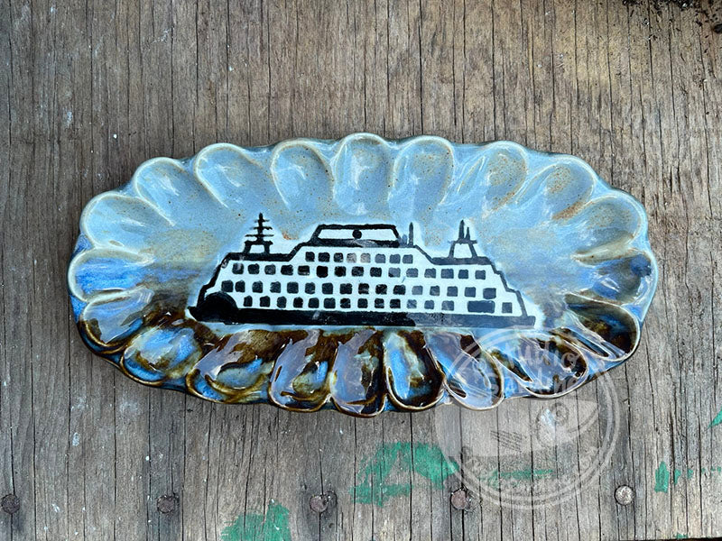 Scalloped Oval Stoneware Ferry Boat Dish A