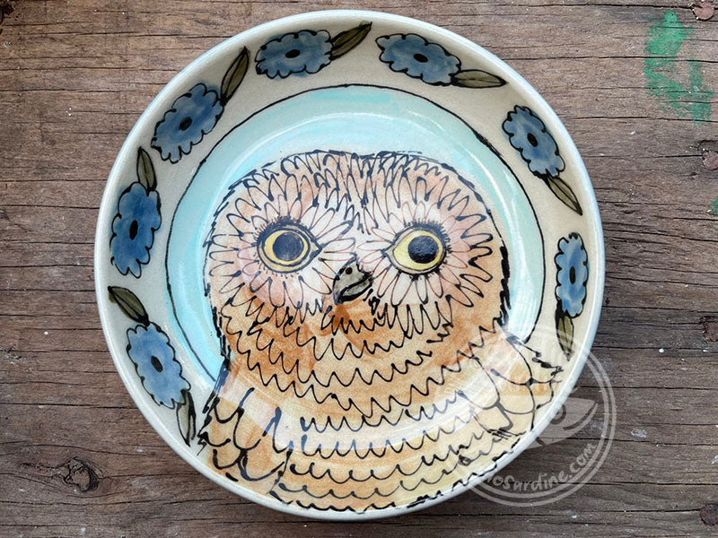 Hand-painted baby owl shallow stoneware bowl