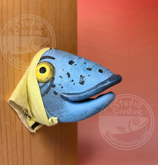 Fish wife in yellow bandana A, handmade ceramic fish head