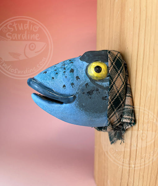 Fish wife in plaid bandana, handmade ceramic fish head