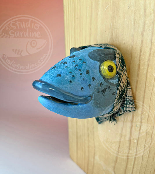 Fish wife in plaid bandana, handmade ceramic fish head