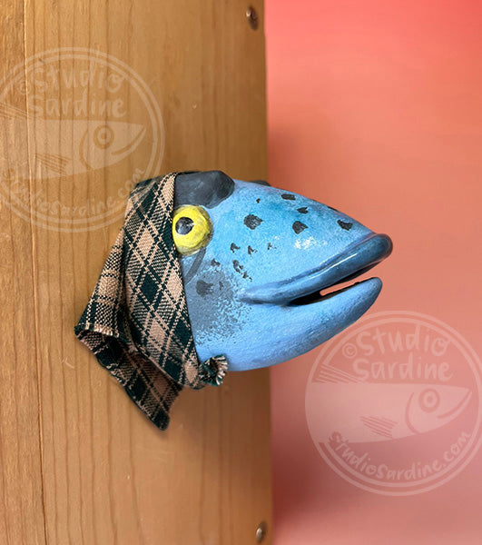 Fish wife in plaid bandana, handmade ceramic fish head